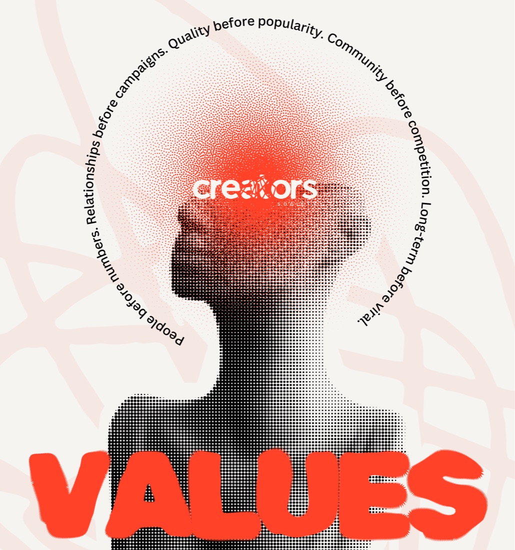 Creators Society values: people before numbers, relationships before campaigns, quality before popularity, community before competition, long-term before viral
